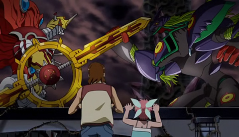 ShineGreymon fighting Argomon while Masaru and Rhythm watch