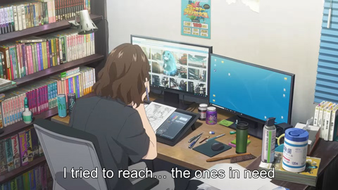 Miku staring through the monitor at an unnamed character trying to draw manga